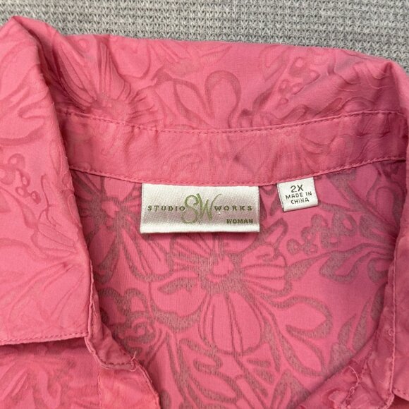 Studio Works Womens Pink Floral Burnout Button Up Blouse 3/4 Sleeve Top Size 2X - Picture 7 of 13